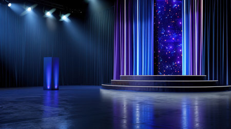 A captivating futuristic stage design featuring bright blue lights and a cosmic background, perfect for events, presentations, or performances. Ideal for creating an engaging ambiance.の素材