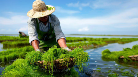 A farmer carefully harvests vibrant green seaweed in a lush aquatic field, showcasing the beauty of traditional farming methods against a bright blue sky.の素材