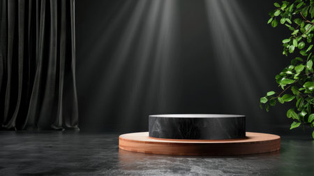 A modern and minimalist showcase featuring a black round pedestal illuminated by dramatic lighting in a dark environment, perfect for product display.の素材