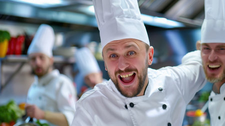 A lively kitchen scene features joyful chefs enthusiastically engaging in their work, showcasing teamwork and passion for culinary arts while preparing delicious dishes.の素材