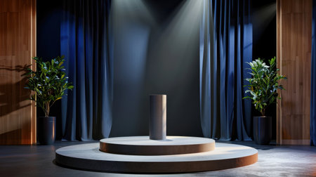 A visually striking stage setup features a circular podium under dramatic lighting, flanked by potted plants and dark curtains, perfect for events.の素材