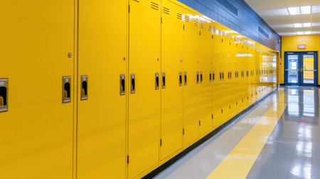 A vibrant hallway featuring bright yellow lockers showcases modern school architecture. The clean floors and ample lighting create an inviting educational space, emphasizing organization and functionality.の素材