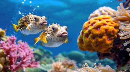 Captivating underwater image showcasing two pufferfish amidst a diverse coral reef, highlighting the rich marine biodiversity and vibrant colors of the ocean environment.の素材