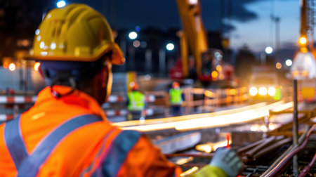 A construction worker in a bright safety vest and helmet oversees a nighttime construction project, surrounded by machinery and illuminated by site lights.の素材