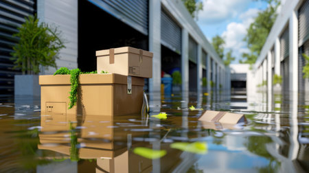 A captivating scene depicting a flooded storage facility with brown boxes surrounded by water and greenery, highlighting the contrast between chaos and nature.の素材