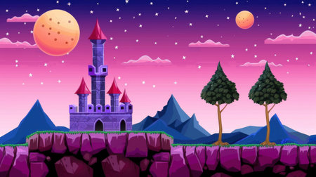 This vibrant illustration showcases a whimsical fantasy landscape featuring a majestic castle, towering mountains, and lush trees under a starry sky.の素材