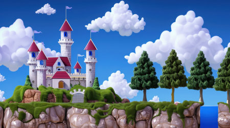 A vibrant and whimsical fantasy castle is depicted atop a lush green hill, surrounded by fluffy clouds and a vivid blue sky, creating a playful scene.の素材