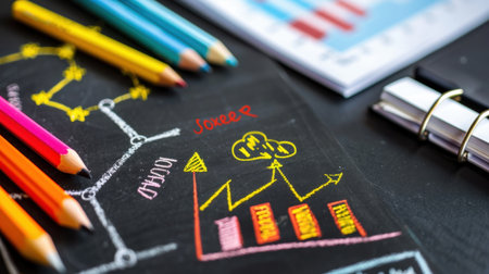 Vibrant illustrations of graphs and charts on a black background, accompanied by colored pencils and stationery items, ideal for business and educational themes.の素材