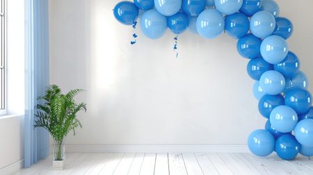 A beautiful display of a blue balloon arch creates a festive atmosphere in a bright, airy indoor space, complemented by fresh greenery for an elegant touch.の素材
