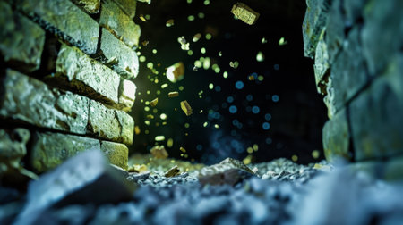 A captivating scene featuring golden particles emanating from a ruined brick wall. The setting evokes a mystical atmosphere with a blend of light and shadow.の素材