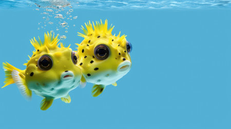 Two vibrant yellow puffer fish are swimming gracefully in clear blue water, creating a lively scene filled with bubbles and tranquility.の素材
