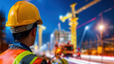 A focused construction worker in a safety helmet surveys a bustling construction site at night. Bright lights and cranes create a dynamic urban backdrop, showcasing the essence of modern engineering and teamwork.の素材