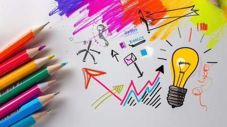 A vibrant workspace featuring colorful pencils and creative sketches, symbolizing brainstorming and artistic innovation on a clean white surface.の素材