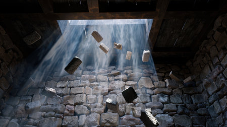 An enchanting scene featuring light rays penetrating an open ceiling in an ancient stone chamber. Floating stones create a mystical atmosphere, evoking mystery.の素材