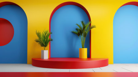 A contemporary interior design showcasing colorful arches in red, blue, and yellow hues, complemented by decorative plants. Perfect for modern decor inspiration.の素材