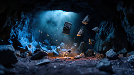 This captivating image features a mysterious cave scene filled with floating rocks and glowing particles, illuminated by an ethereal blue light, creating an otherworldly atmosphere.の素材