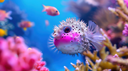 A captivating underwater image featuring a vibrant puffer fish swimming gracefully among a colorful coral reef, showcasing the beauty of ocean life.の素材