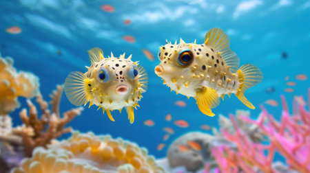 Two charming yellow puffer fish swim gracefully in a vibrant underwater world filled with colorful coral reefs and diverse marine life.の素材