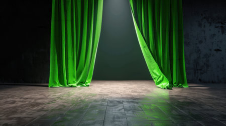 This image showcases dramatic green curtains elegantly opening on a dark stage, complemented by a soft spotlight. The atmosphere conveys anticipation and creativity, perfect for theater, performance, or artistic projects.の素材