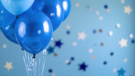 A vibrant arrangement of bright blue balloons floating against a soft blue background, adorned with shiny stars, perfect for festive occasions.の素材