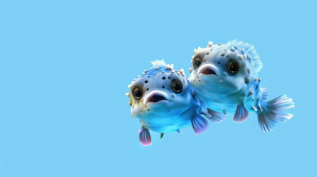 This delightful image features two animated fish swimming playfully together against a soft blue background. The colorful marine creatures exude joy and friendship, making it perfect for various creative projects.の素材