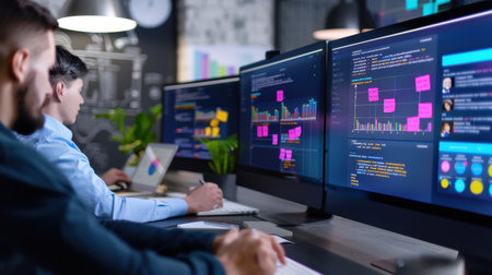 A dynamic office environment showcasing professionals engaged in data analysis using multiple computer screens. The monitors display colorful graphs and sticky notes.の素材