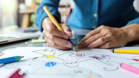 A focused individual engaged in mind mapping in a contemporary office environment. Colorful pens and a paper plan showcase creativity and organization.の素材
