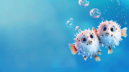 This charming illustration features two cute cartoon pufferfish playfully swimming together in a vibrant blue underwater scene, surrounded by bubbles.の素材