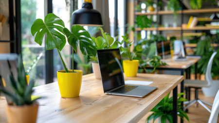 Bright office space featuring a laptop and tropical plants in yellow pots. The design fosters productivity with a refreshing balance of greenery and modern elements.の素材