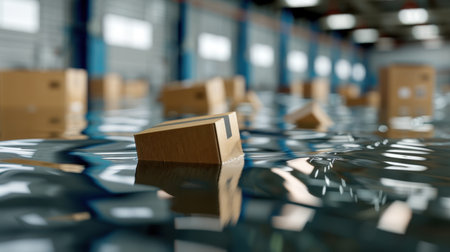 A dramatic scene showcasing a flooded warehouse filled with floating boxes, creating reflections on the water surface. This industrial environment highlights the impacts of flooding on logistics and storage.の素材