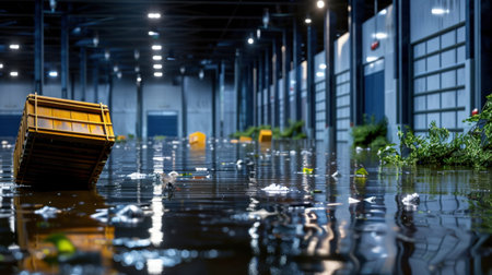 This image captures a flooded industrial warehouse filled with water, debris, and reflections. It highlights the environmental impact and recovery challenges following a natural disaster.の素材