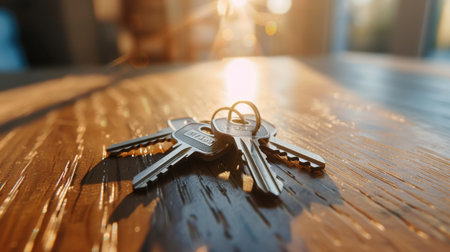 A close-up view of metal keys resting on a wooden table, capturing the warm light of the sun in the background, symbolizing security and home.の素材