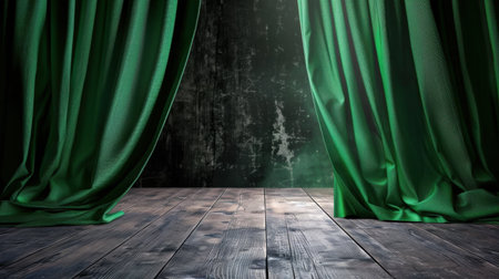 This image features elegant green curtains gracefully parted on a wooden stage, revealing a textured grungy background, perfect for theater performances or studio settings.の素材