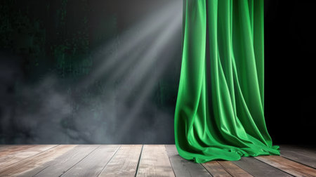 A dramatic green velvet curtain catches the light, creating an elegant atmosphere over a rustic wooden floor. Perfect for artistic backgrounds or theatrical themes.の素材