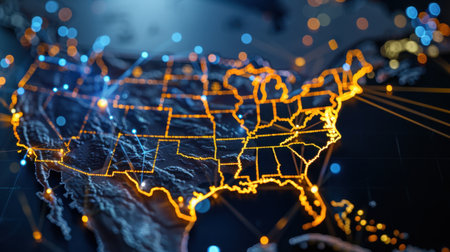 A vibrant digital representation of the United States map featuring illuminated connections in blue and orange, symbolizing advanced data networking and technology.の素材