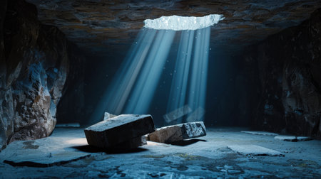 Discover the serene beauty of a dim cave illuminated by soft rays of light. The rustic stones create an atmosphere of mystery and tranquility.の素材