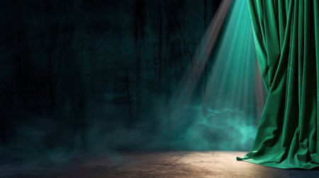 A captivating image featuring a green stage curtain dramatically parted with soft light casting shadows and mist enhancing the theatrical ambiance.の素材