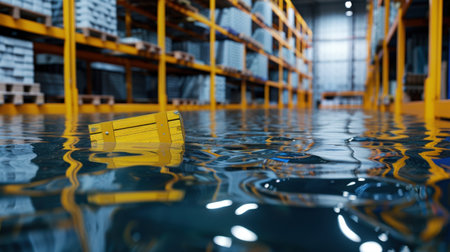 A flooded warehouse scene shows a yellow crate floating in water. The image captures the impact of water damage on industrial storage facilities, highlighting risk factors.の素材
