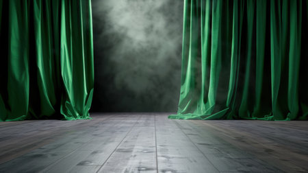 This image showcases an inviting stage setting with rich green curtains parted slightly, revealing a smoky backdrop. Perfect for theatrical concept.の素材