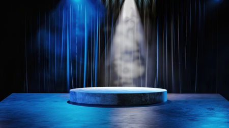 A captivating stage scene featuring a circular platform illuminated by a dramatic blue spotlight, surrounded by flowing curtains and ethereal smoke, ideal for performances.の素材