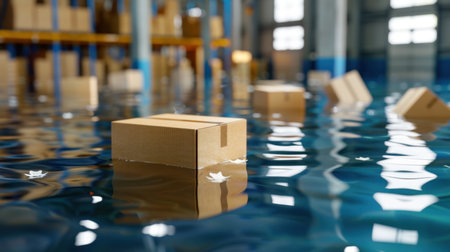 This image depicts a flooded warehouse where boxes float in water, highlighting the serious impact of natural disasters on logistics and supply chain efficiency.の素材
