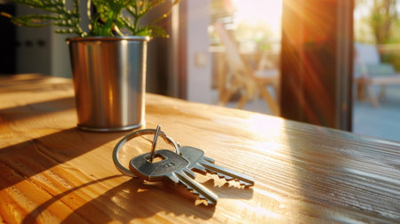 A serene image of keys placed on a wooden table illuminated by gentle sunlight, accompanied by a potted plant, evoking feelings of home and security.の素材