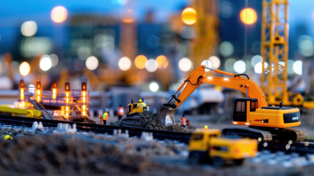 A miniature construction site at dusk featuring an excavator and workers, showcasing urban development and heavy machinery in action. Perfect for construction themes.の素材