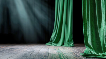 The image features green drapes gracefully falling on a wooden stage floor illuminated by soft, dramatic lighting, creating an inviting atmosphere for performances.の素材