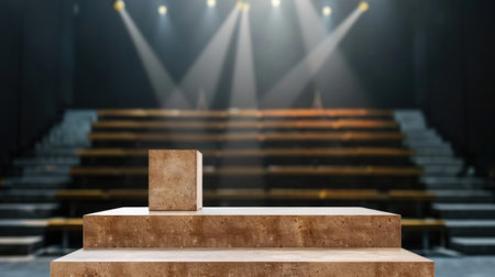 A modern podium situated on an empty stage, illuminated by beams of light, ideal for presentations or award ceremonies in a theatrical setting.の素材