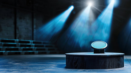 This image captures a dramatic scene of an empty stage featuring a circular podium. Soft beams of spotlight illuminate the space, creating a powerful atmosphere.の素材