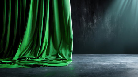 This image features an elegant green drapery that cascades beautifully onto a textured floor, enhanced by soft lighting, creating a dramatic stage setting perfect for performances or artistic presentations.の素材