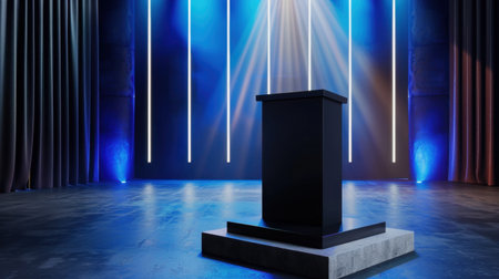 A sleek black podium stands alone on a stage, illuminated by captivating blue and purple lights. The setup conveys an inviting yet professional atmosphere, perfect for any presentation or event.の素材
