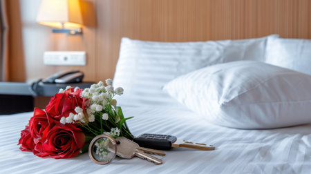 A beautifully arranged hotel room featuring red roses, keys, and soft linens, creating an inviting and romantic atmosphere perfect for a getaway.の素材