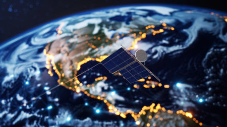A breathtaking view of a satellite orbiting Earth at night, showcasing North America illuminated by city lights, set against a starry backdrop.の素材